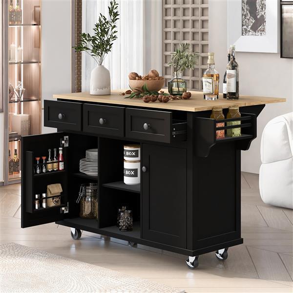 Black kitchen island with wooden top in a modern living room setting