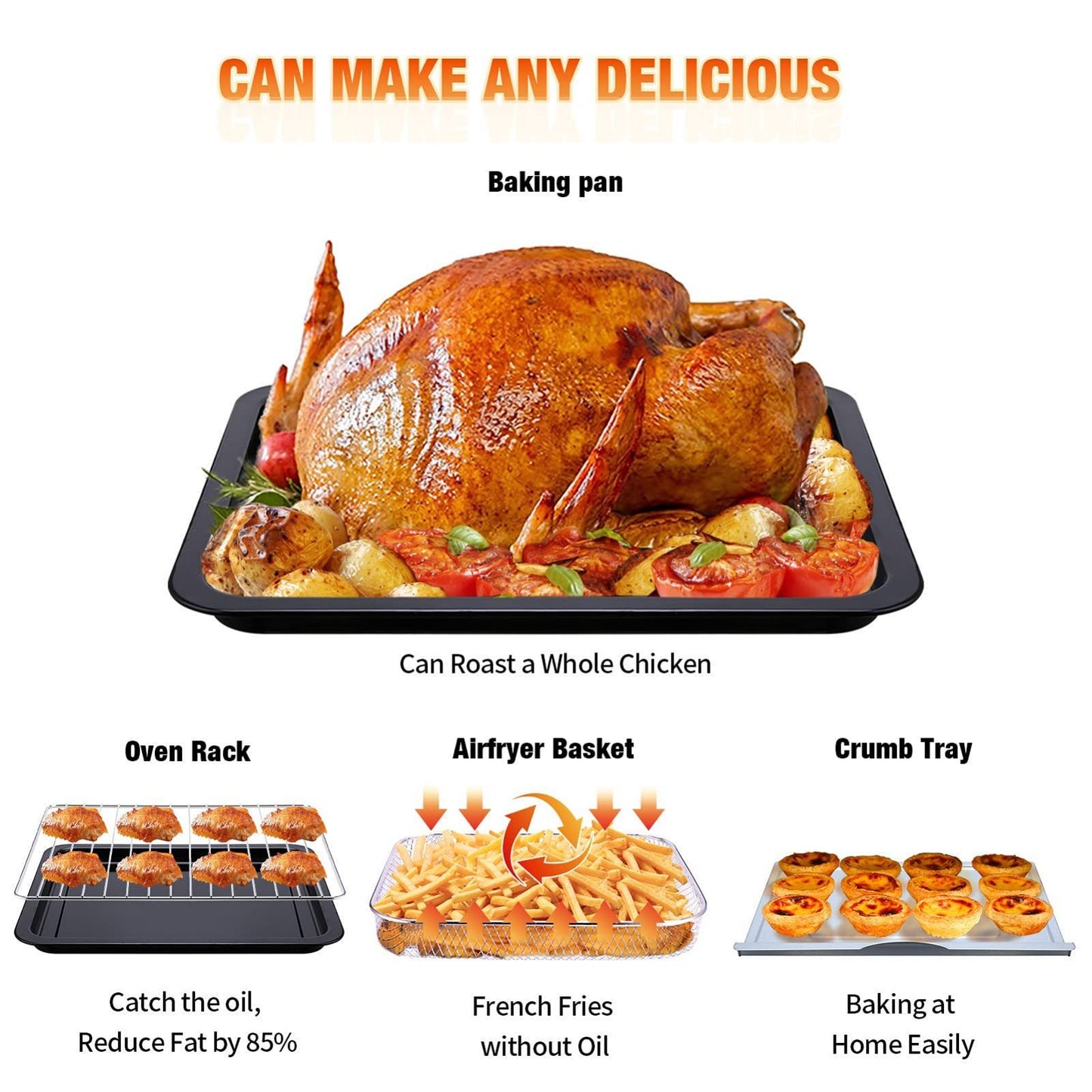 Baking pan with roasted chicken and various uses displayed below on a white background.