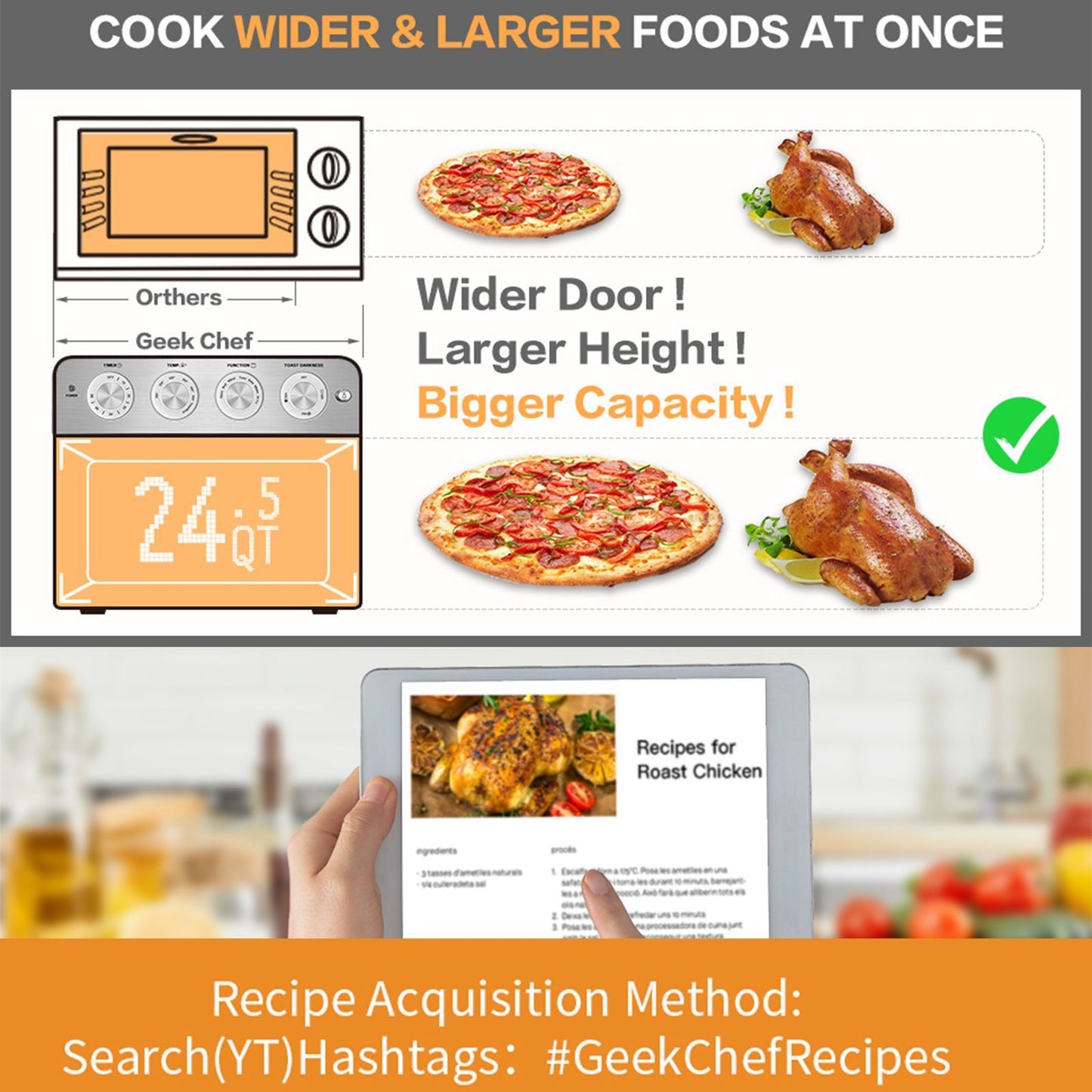 Advertisement for a microwave oven with text highlighting features and a pizza and chicken image, with a tablet showing recipes.