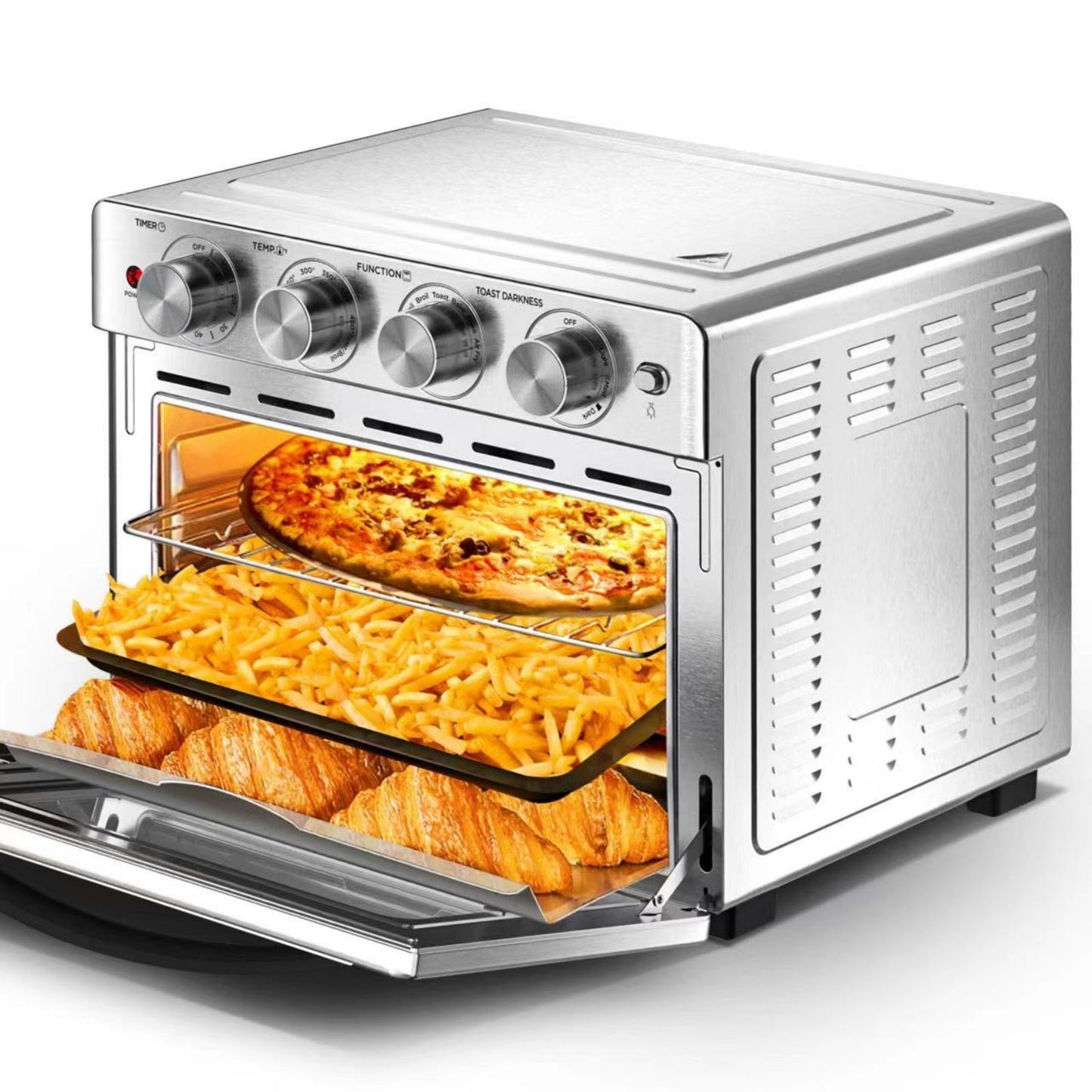 Toaster oven with pizza and macaroni and cheese inside on a white background