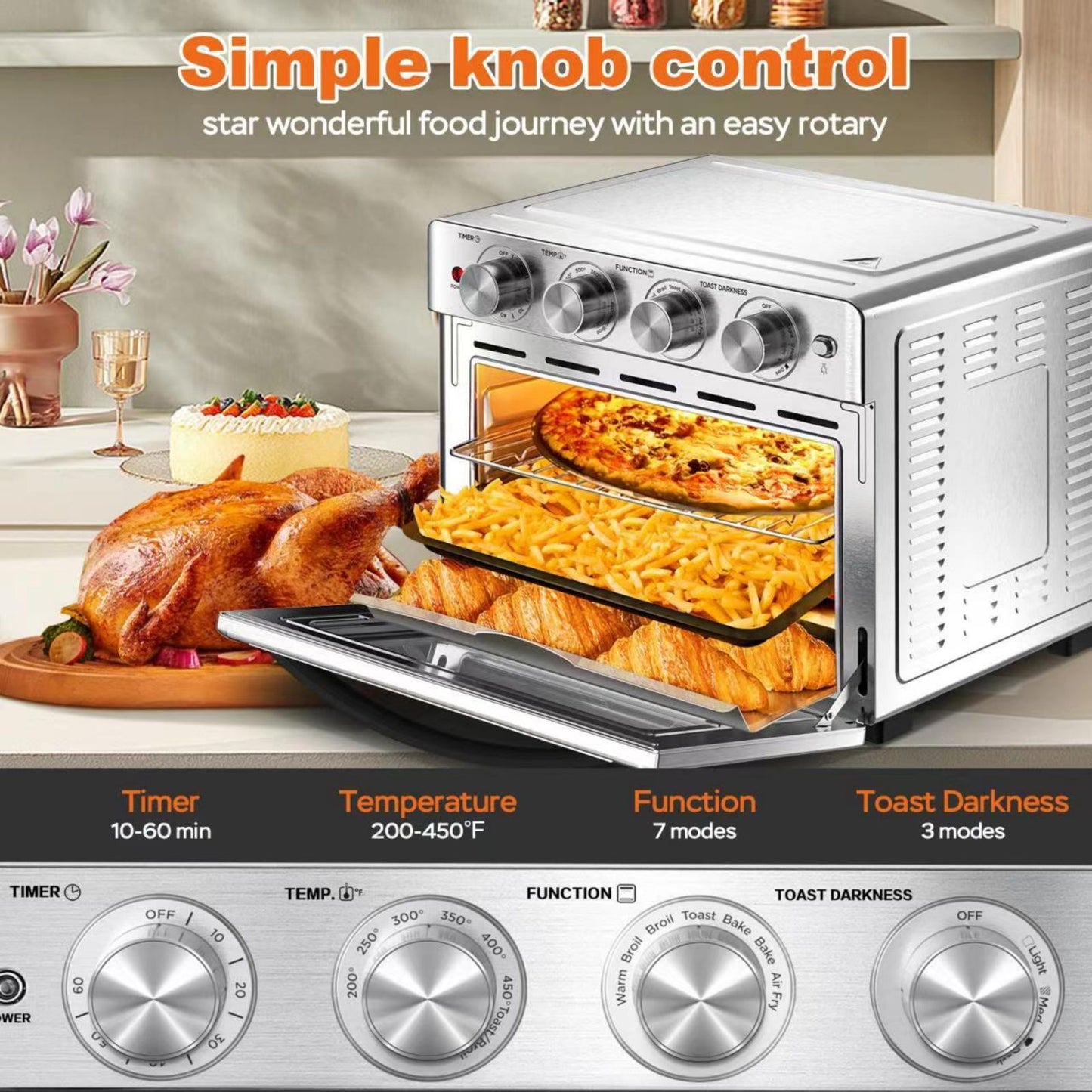 Multifunctional oven with food inside, featuring simple knob control, on a kitchen counter.