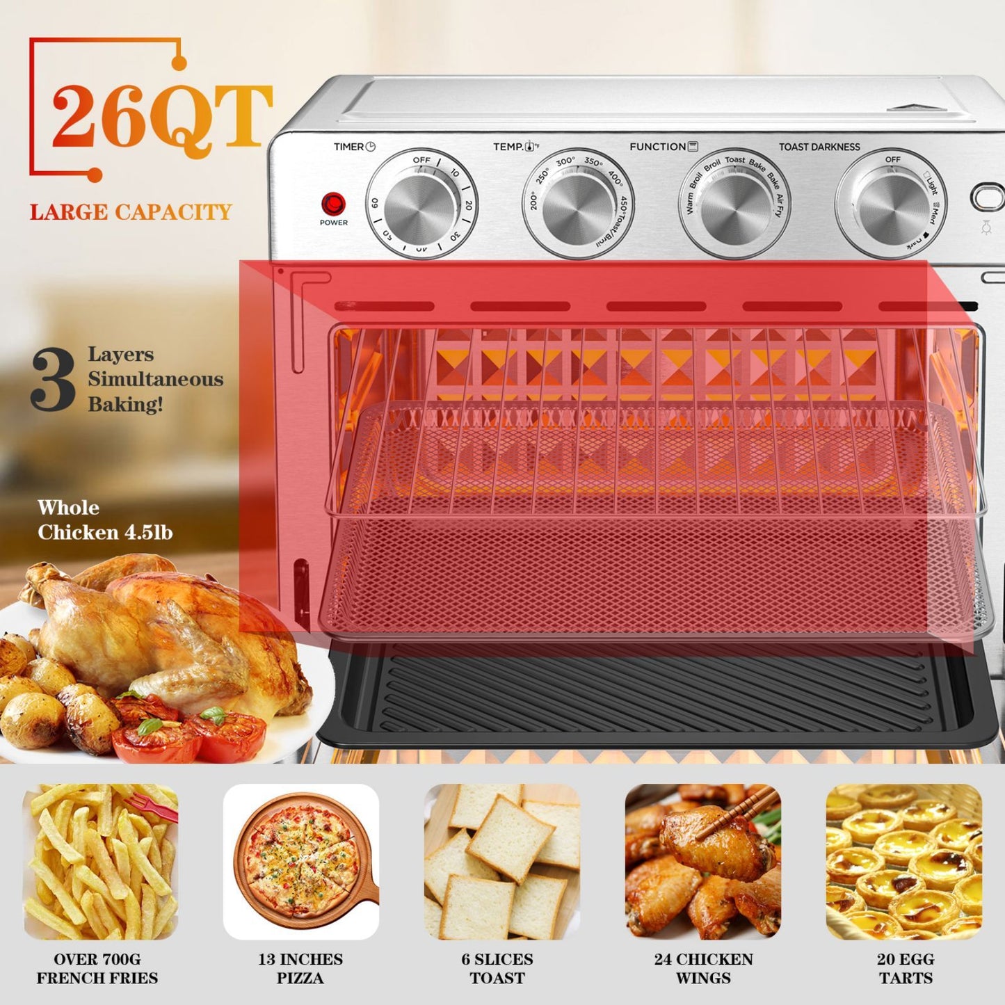 Air fryer with features highlighted on a beige background