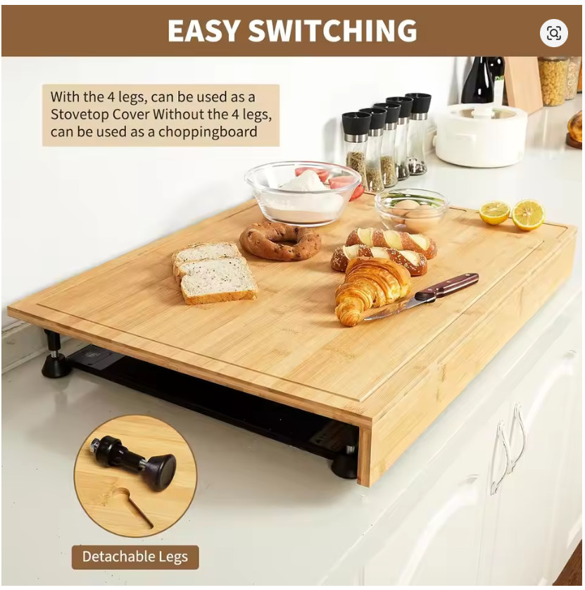 30" x 21" Extra Large Bamboo Cutting Board & Stovetop Cover, 2-in-1 Stove Top Cover Chopping Board with Detachable Feets