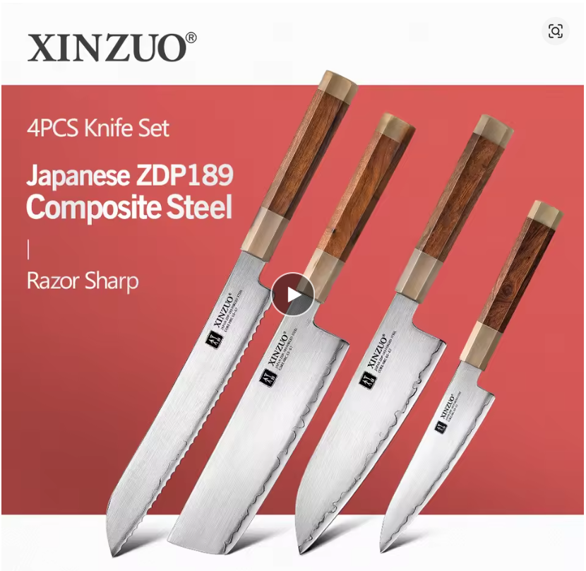 XINZUO 2024 New Arrival 4PCS Knife Set Kitchen Knife Japanese Steel Knives Stainless Steel Core HRC 65-67 Comfort Grip