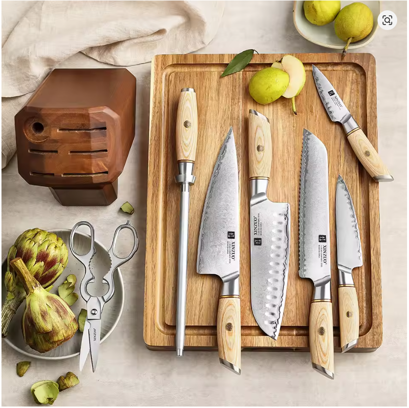XINZUO Professional Kitchen Knives 8PCS Set with Sharpener & Kitchen Scissors & Knife Holder 3-layer Clad Steel Pakkawood Handle