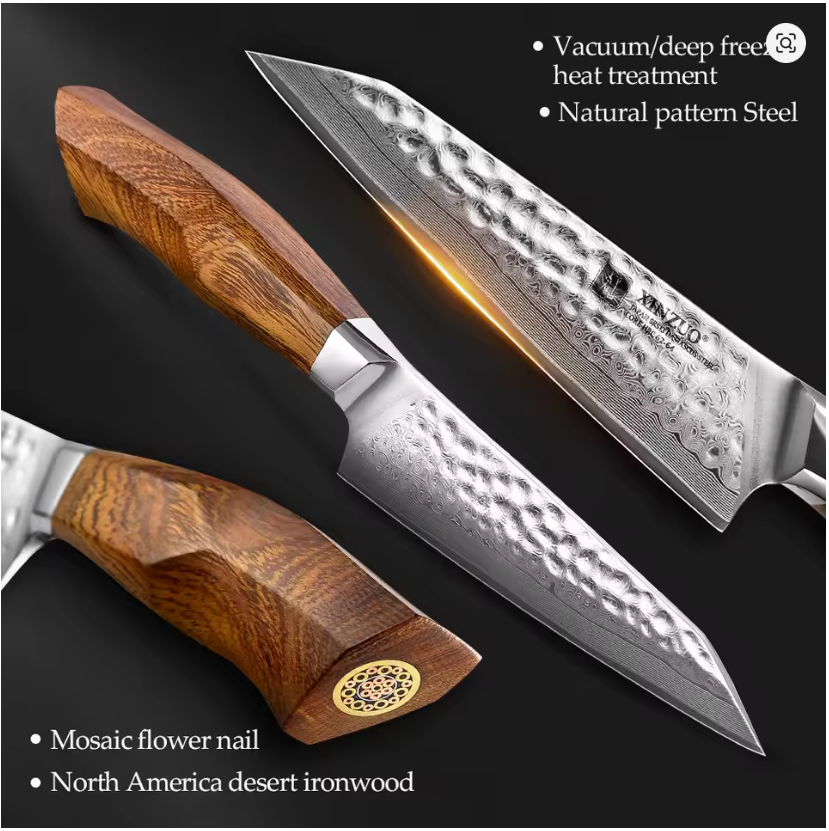 XINZUO 3PCS Kitchen Knives Set North American Desert Ironwood Handle Japan 49 Layers SRS13/R2/SG2 Damascus Steel High End Knife