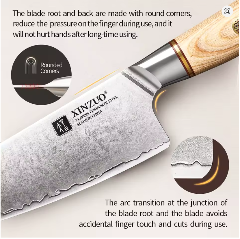 XINZUO Professional Kitchen Knives 8PCS Set with Sharpener & Kitchen Scissors & Knife Holder 3-layer Clad Steel Pakkawood Handle