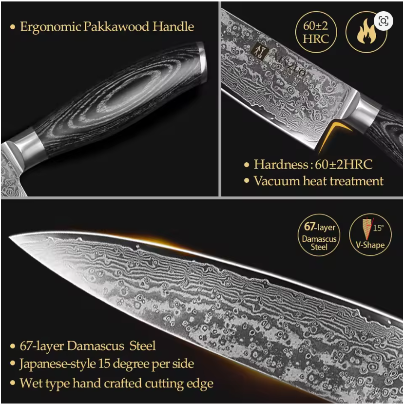 XINZUO 7PCS Kitchen Knife Sets with Acacia Wood Kitchen Knife Holder Damascus Steel Knives Pakkawood Handle Pro Chef's Gift
