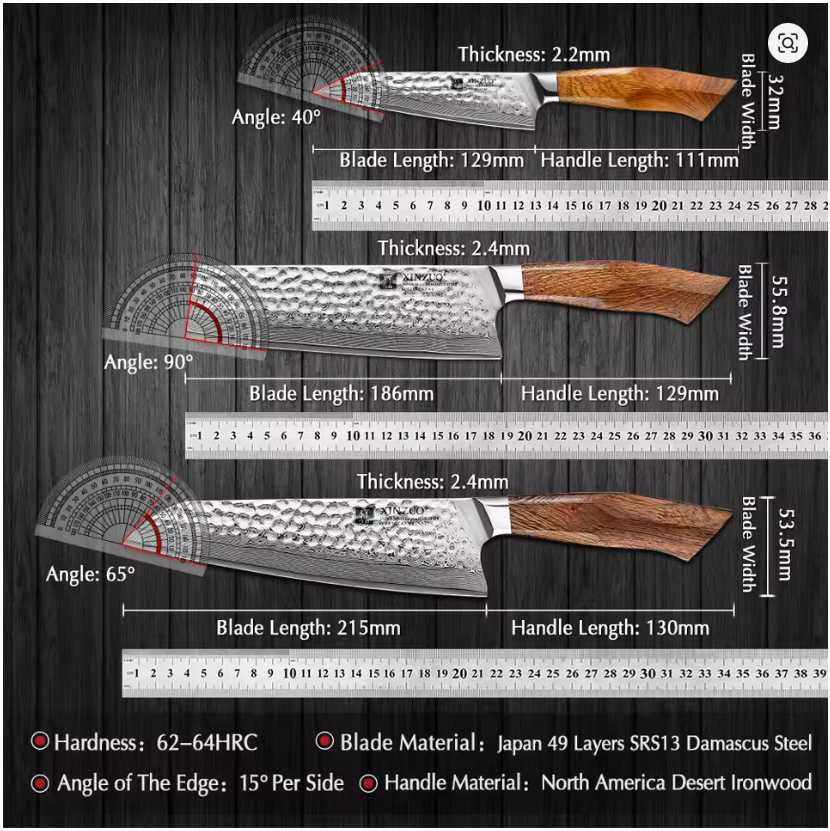 XINZUO 3PCS Kitchen Knives Set North American Desert Ironwood Handle Japan 49 Layers SRS13/R2/SG2 Damascus Steel High End Knife