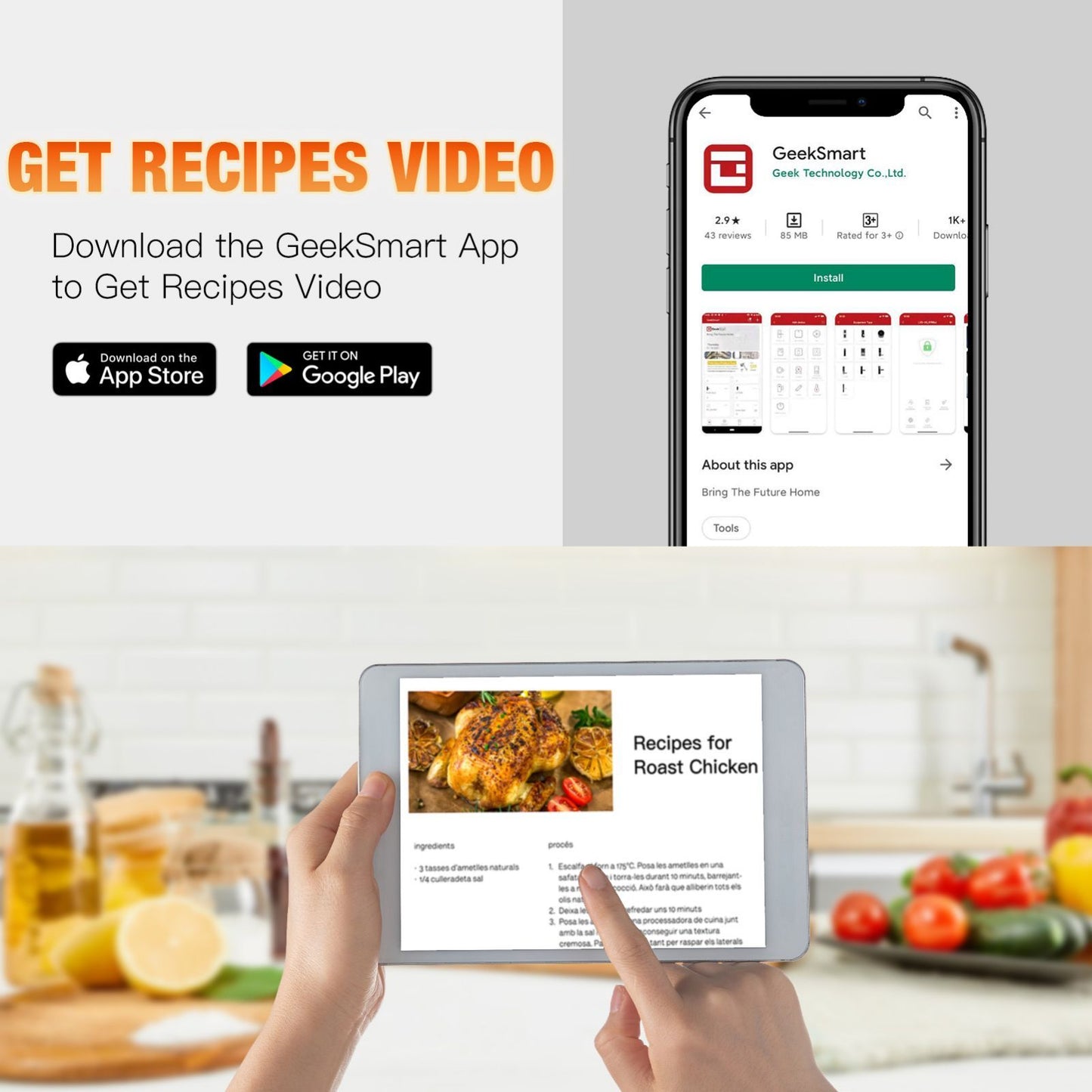 Promotional graphic for the GeekSmart app with a tablet displaying a recipe and smartphone showing the app interface.
