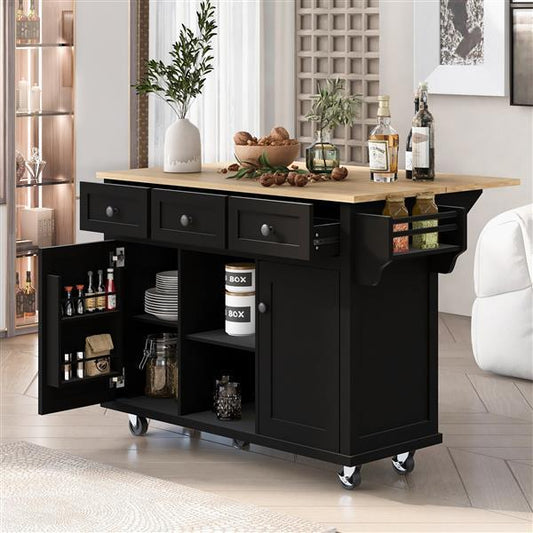 Black kitchen island with wooden top in a modern living room setting