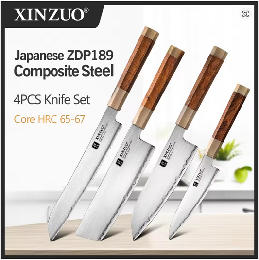 XINZUO 4PCS Kitchen Knives Set Japanese ZDP-189 Composite Steel 65-67 HRC Chef Knife Bread Nakiri Santoku Utility Cooking Tools