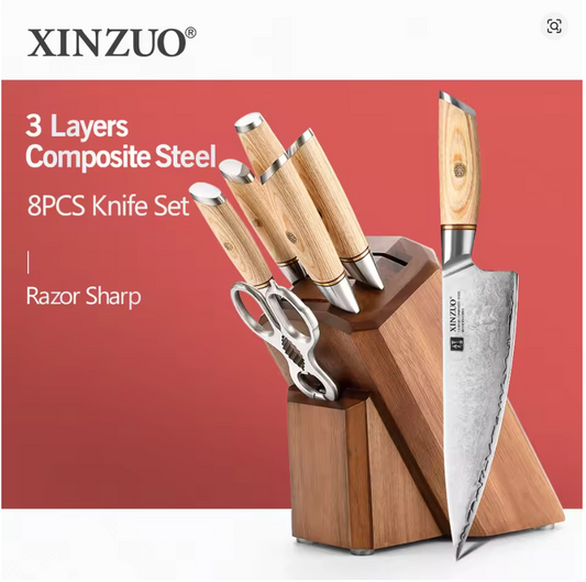 XINZUO Professional Kitchen Knives 8PCS Set with Sharpener & Kitchen Scissors & Knife Holder 3-layer Clad Steel Pakkawood Handle