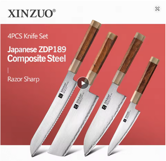 XINZUO 2024 New Arrival 4PCS Knife Set Kitchen Knife Japanese Steel Knives Stainless Steel Core HRC 65-67 Comfort Grip