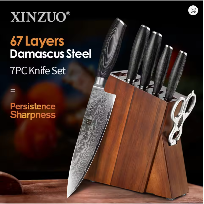 XINZUO 7PCS Kitchen Knife Sets with Acacia Wood Kitchen Knife Holder Damascus Steel Knives Pakkawood Handle Pro Chef's Gift