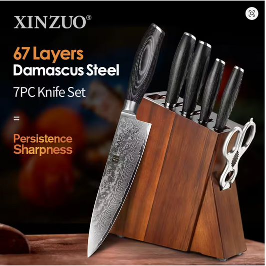 XINZUO 7PCS Kitchen Knife Sets with Acacia Wood Kitchen Knife Holder Damascus Steel Knives Pakkawood Handle Pro Chef's Gift
