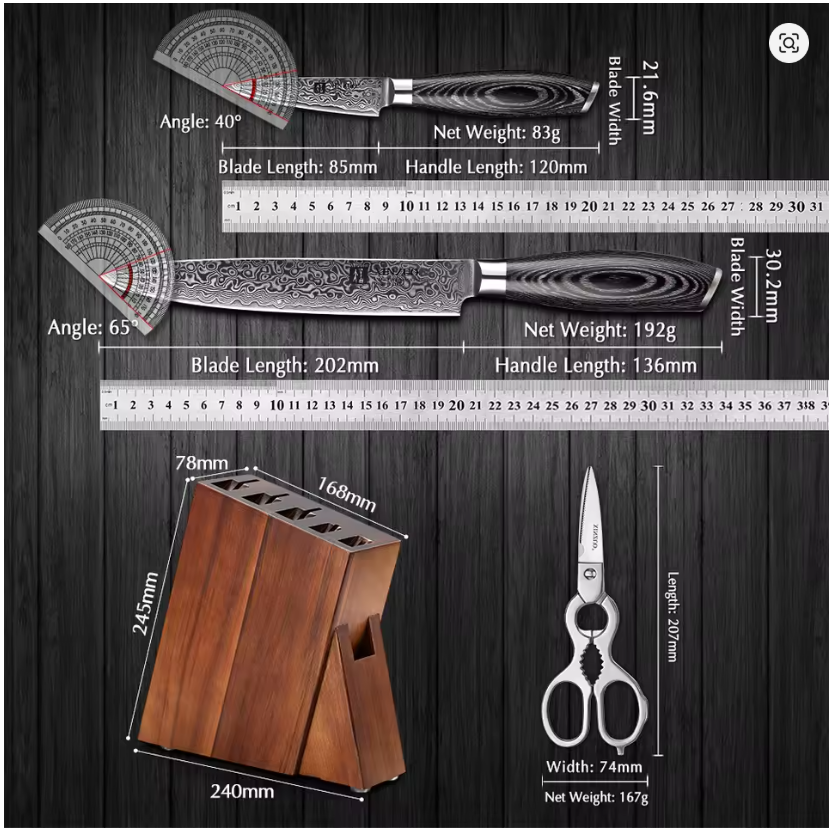 XINZUO 7PCS Kitchen Knife Sets with Acacia Wood Kitchen Knife Holder Damascus Steel Knives Pakkawood Handle Pro Chef's Gift